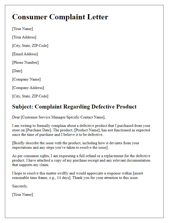 Letter template of consumer complaint for defective product