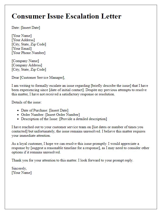 Letter template of consumer issue escalation