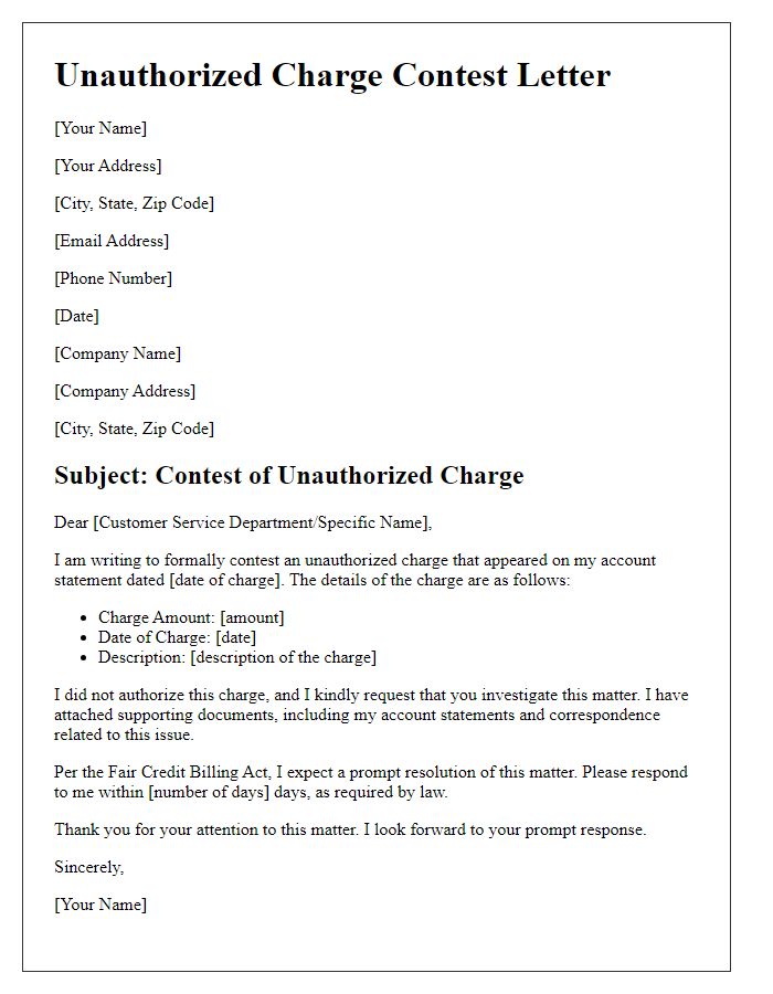 Letter template of unauthorized charge contest