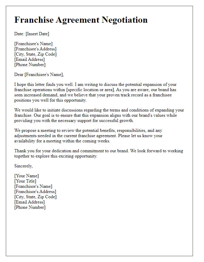 Letter template of franchise agreement negotiation for existing franchise expansion.