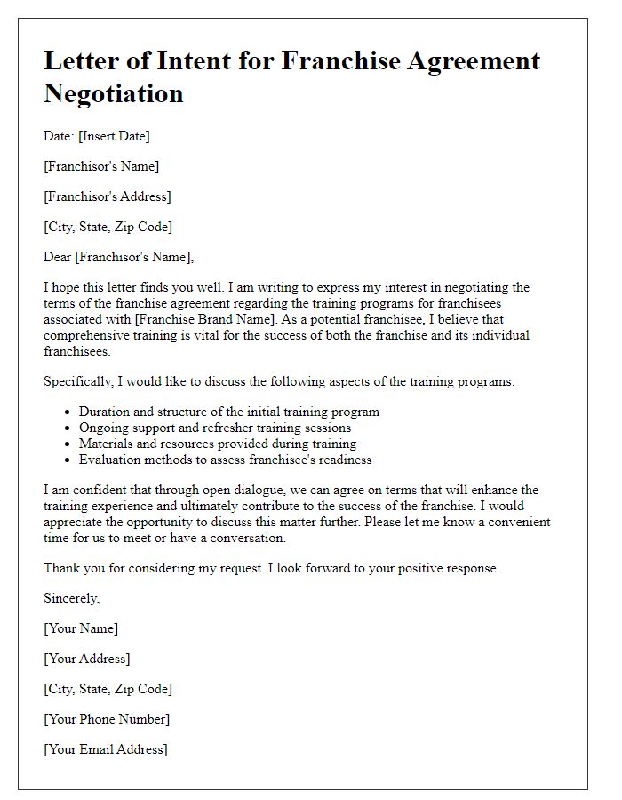 Letter template of franchise agreement negotiation for franchisee training programs.