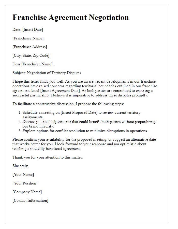 Letter template of franchise agreement negotiation for territory disputes.