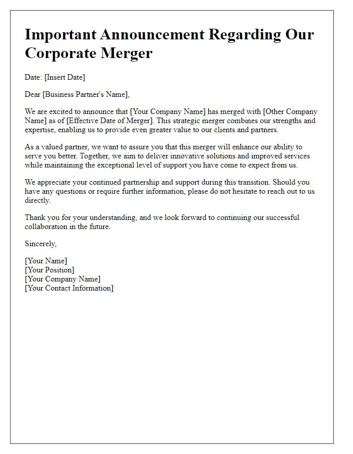 Letter template of corporate merger announcement for business partners