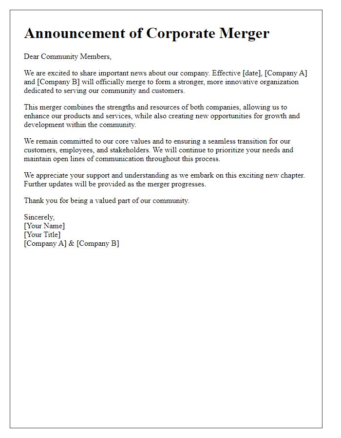 Letter template of corporate merger announcement for community relations