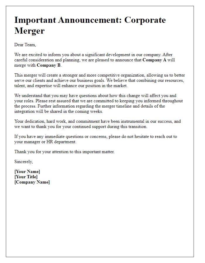 Letter template of corporate merger announcement to employees