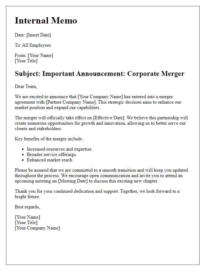 Letter template of corporate merger announcement for internal memo