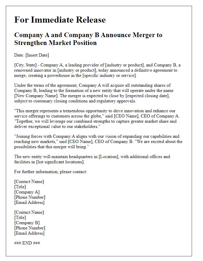 Letter template of corporate merger announcement for press release