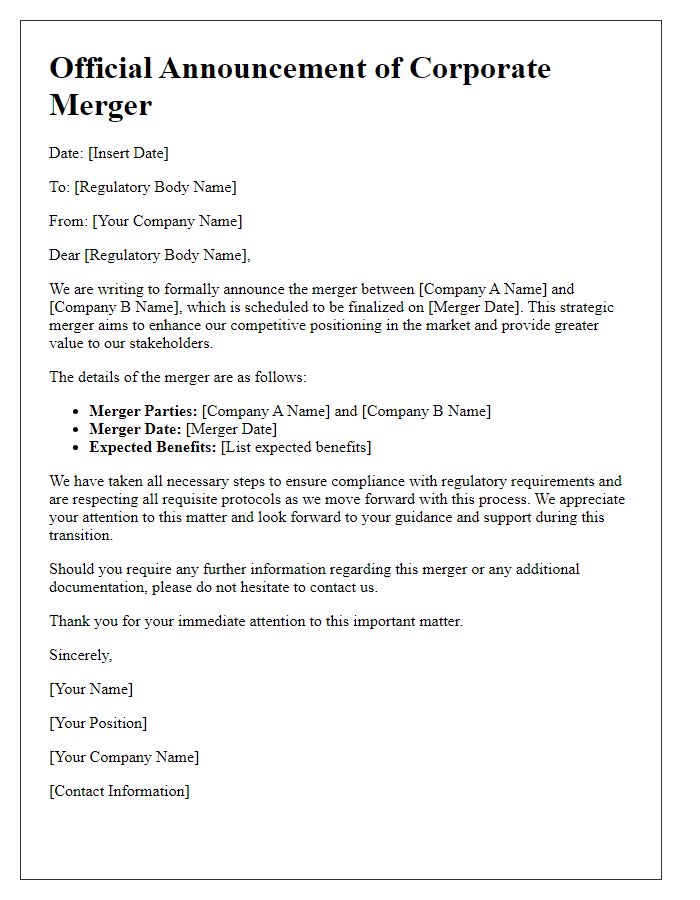 Letter template of corporate merger announcement for regulatory bodies