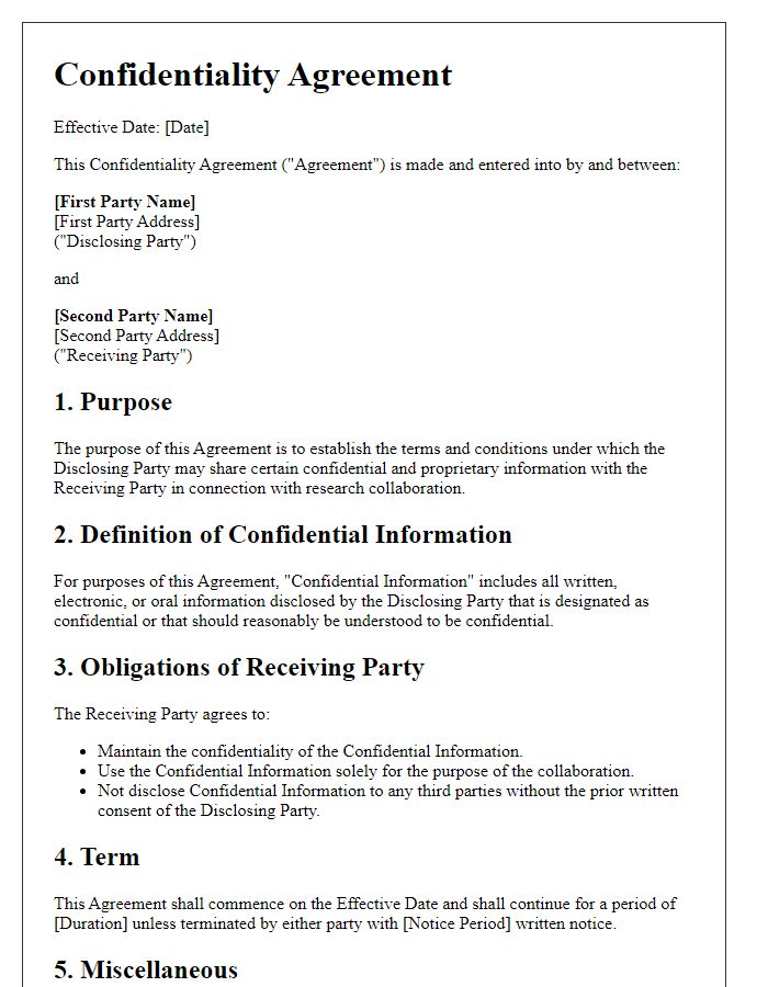 Letter template of a confidentiality agreement for research collaborations