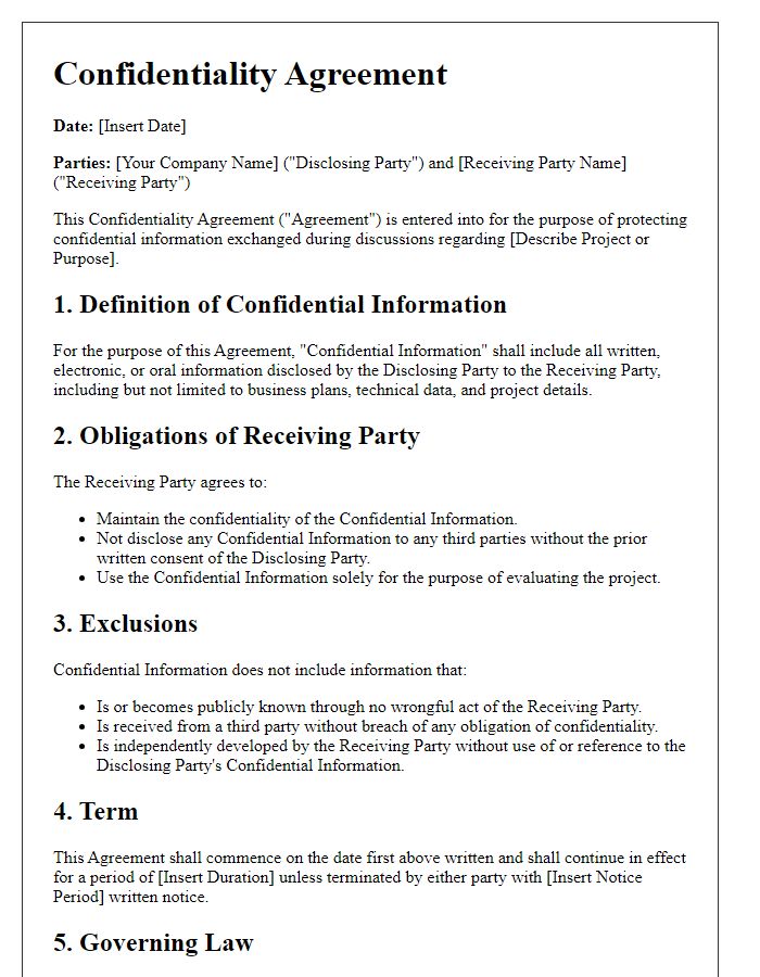 Letter template of a confidentiality agreement for sensitive project discussions