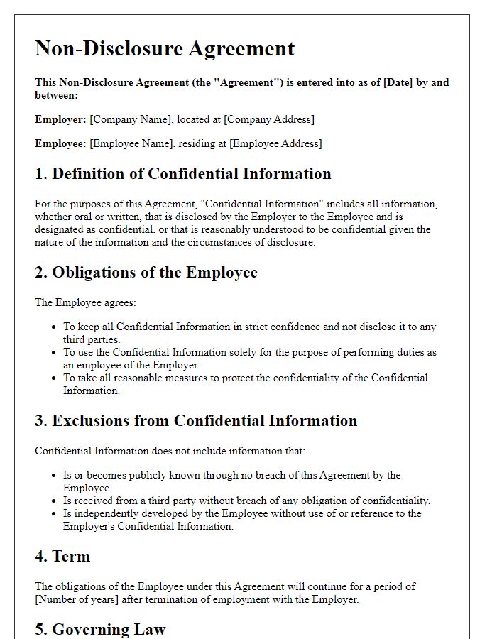 Letter template of a non-disclosure agreement for employee confidentiality