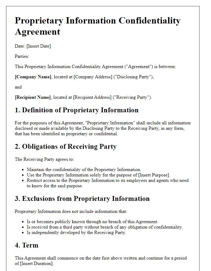 Letter template of a proprietary information confidentiality agreement