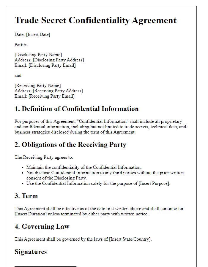 Letter template of a trade secret confidentiality agreement