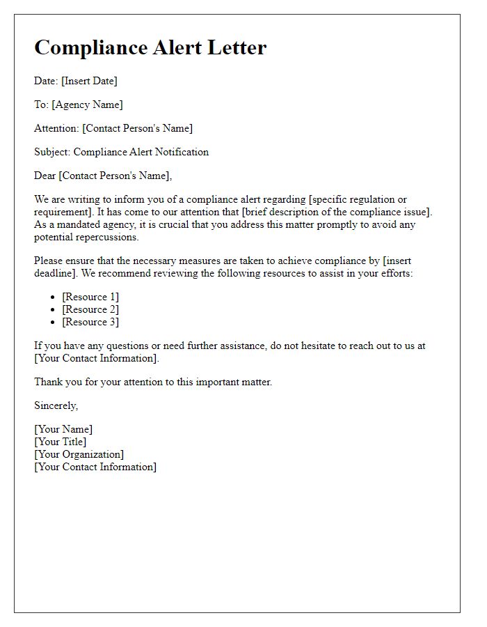 Letter template of compliance alert for mandated agencies