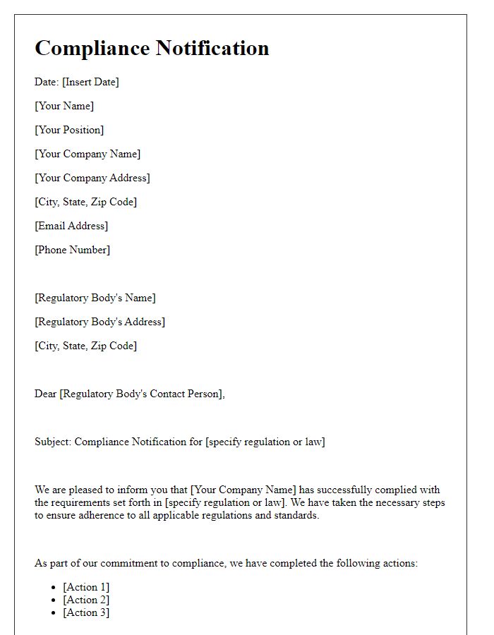 Letter template of compliance notification for regulatory bodies