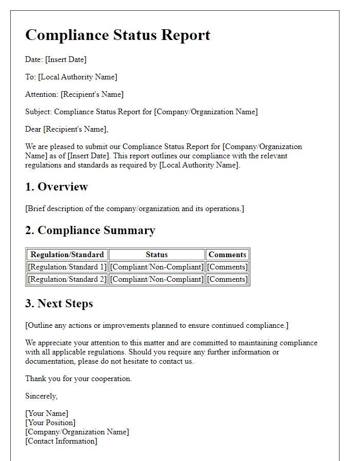 Letter template of compliance status report for local authorities