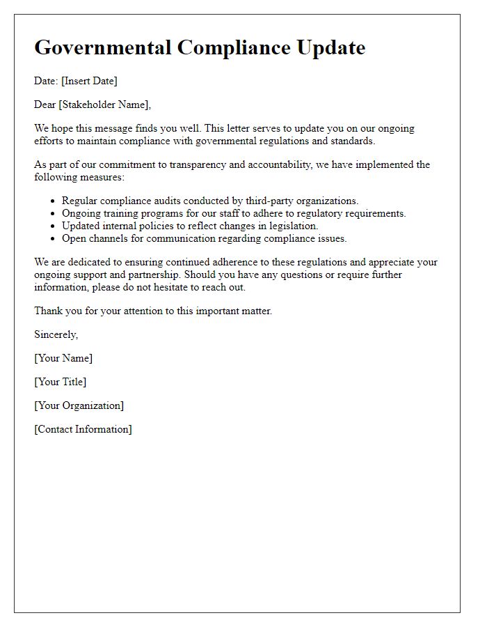 Letter template of governmental compliance update for stakeholders