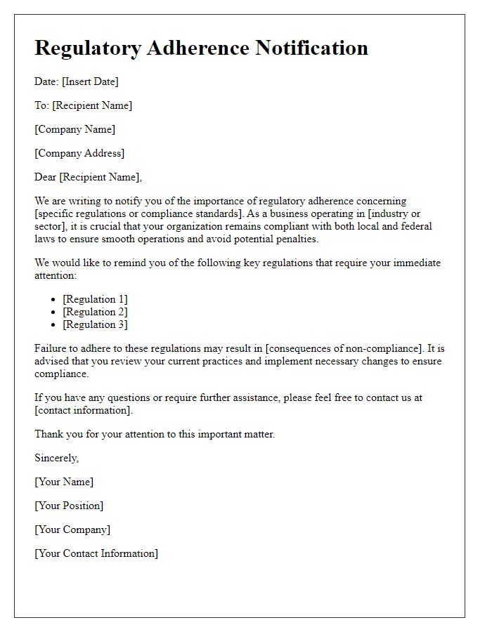 Letter template of regulatory adherence notification for businesses