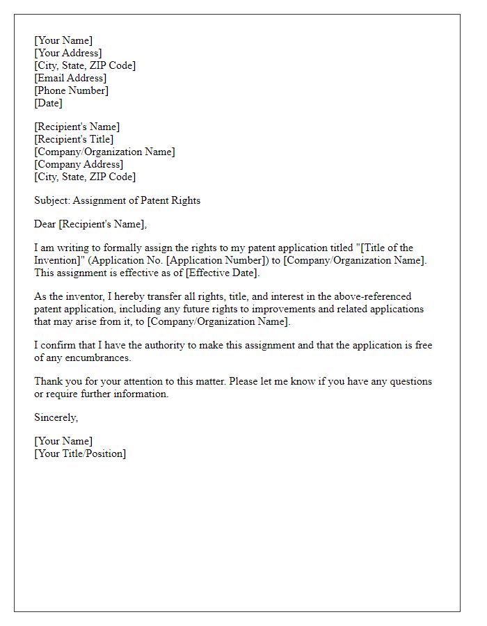 Letter template of patent application for assignment of rights.