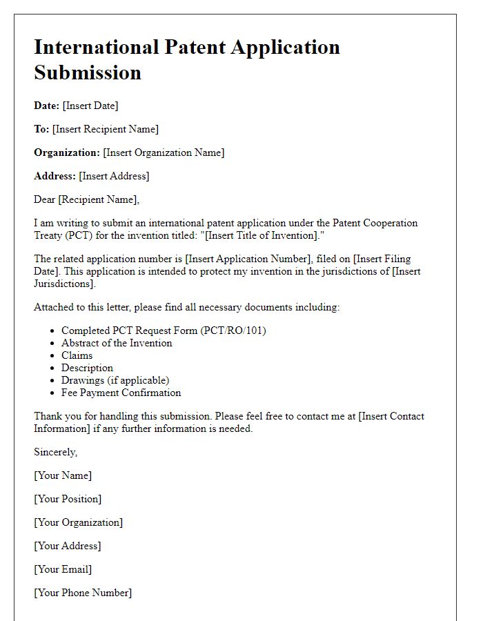 Letter template of patent application for International PCT submission.