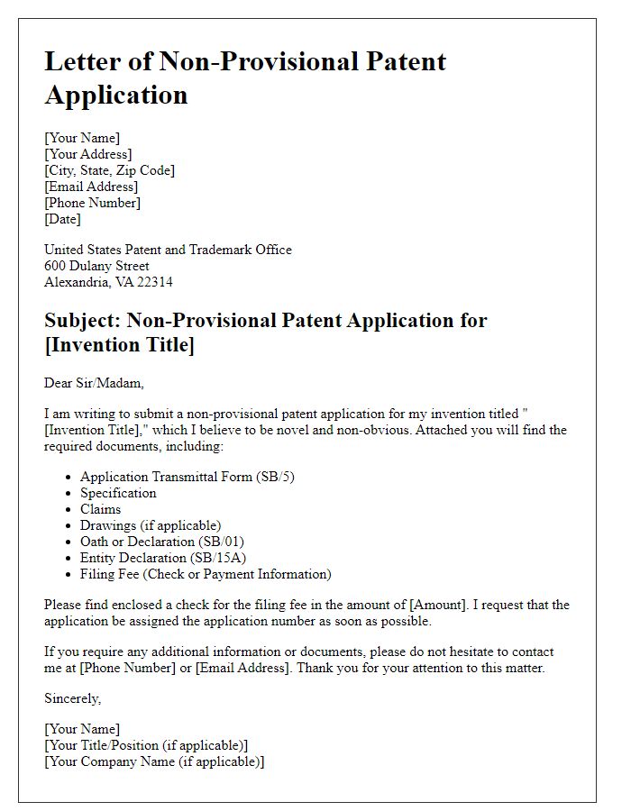 Letter template of patent application for non-provisional filing.