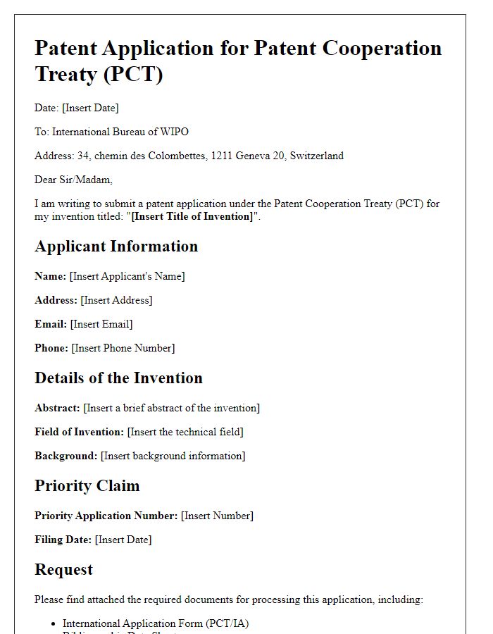 Letter template of patent application for patent cooperation treaty.