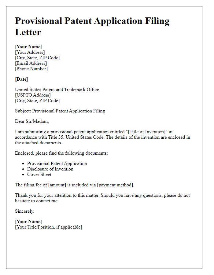 Letter template of patent application for provisional filing.