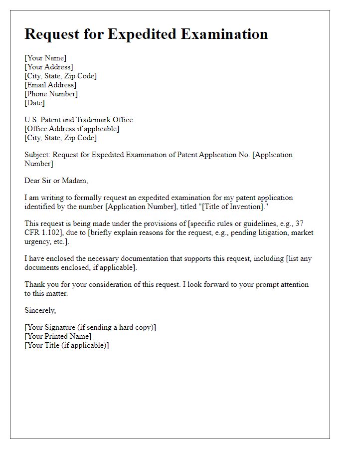 Letter template of patent application for request for expedited examination.