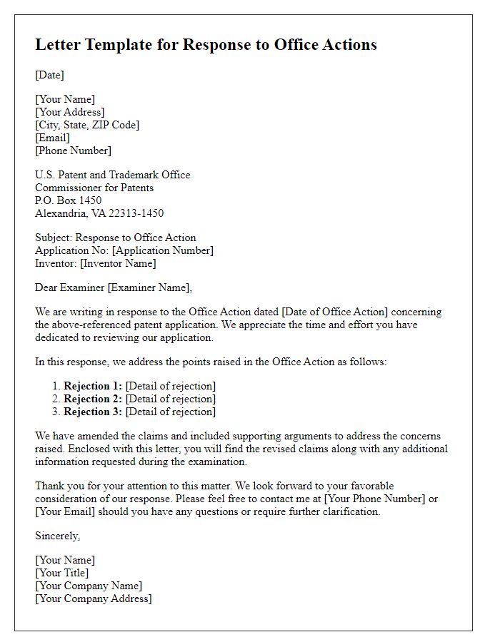 Letter template of patent application for response to office actions.