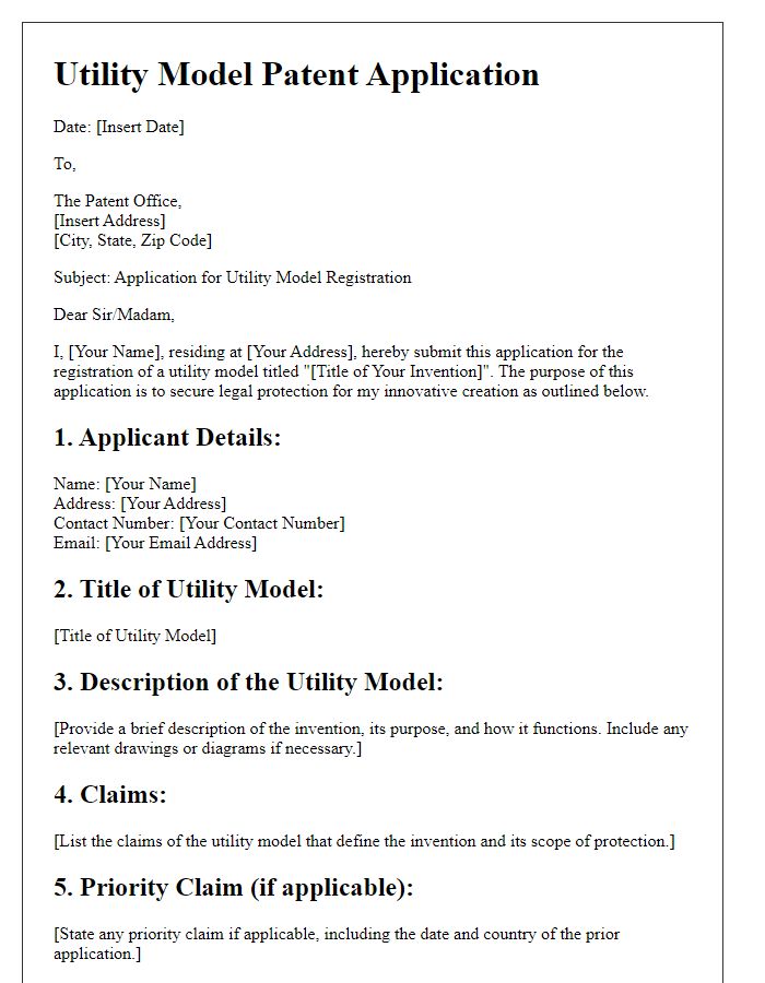 Letter template of patent application for utility model registration.