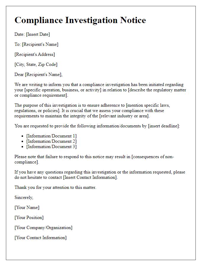 Letter template of compliance investigation notice