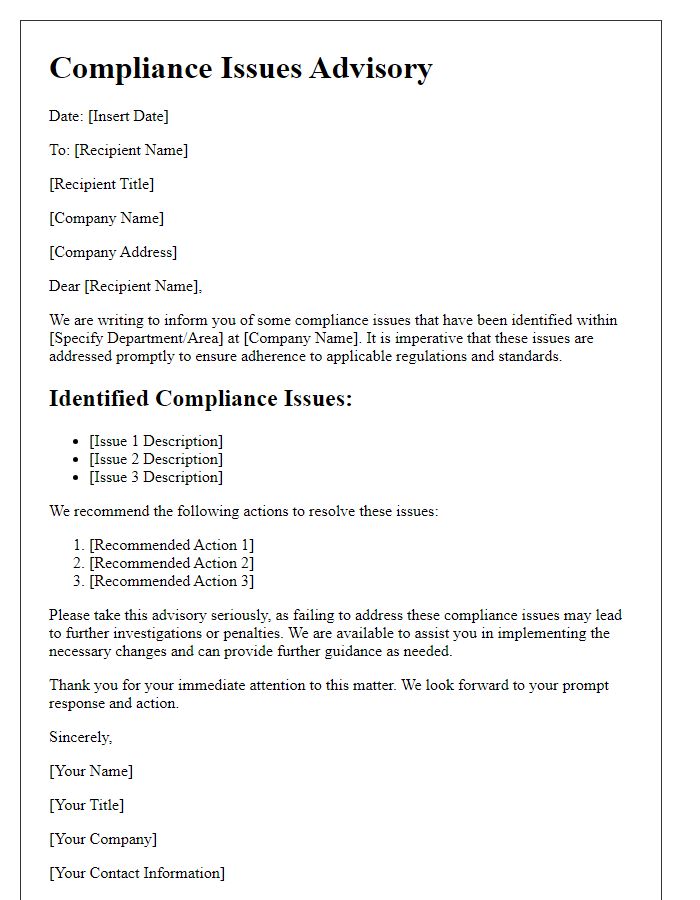 Letter template of compliance issues advisory