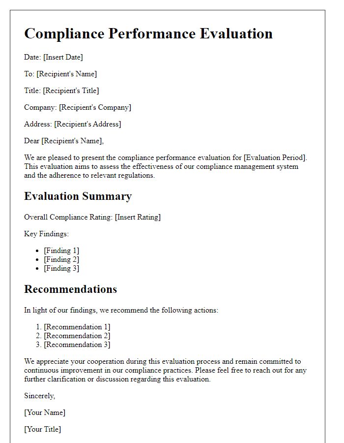 Letter template of compliance performance evaluation