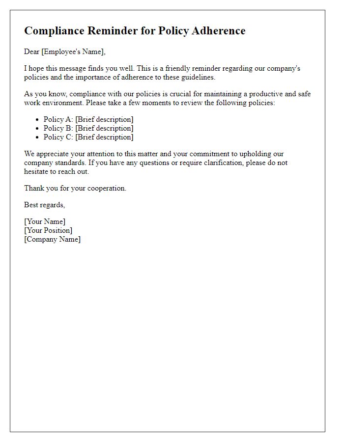 Letter template of compliance reminder for policy adherence