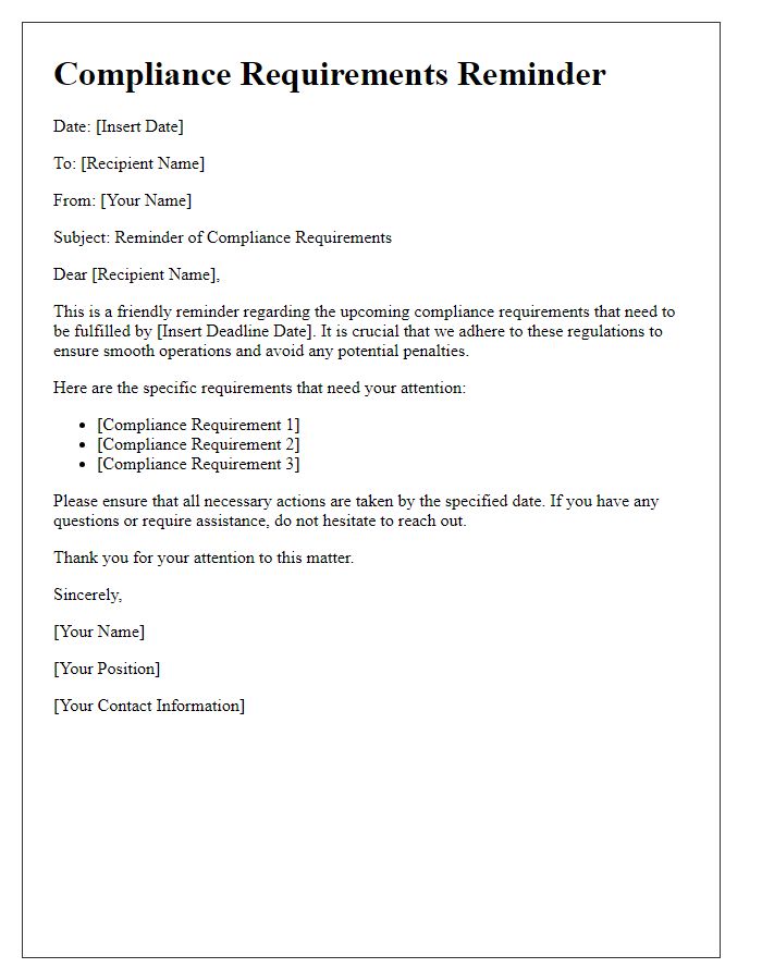 Letter template of compliance requirements reminder