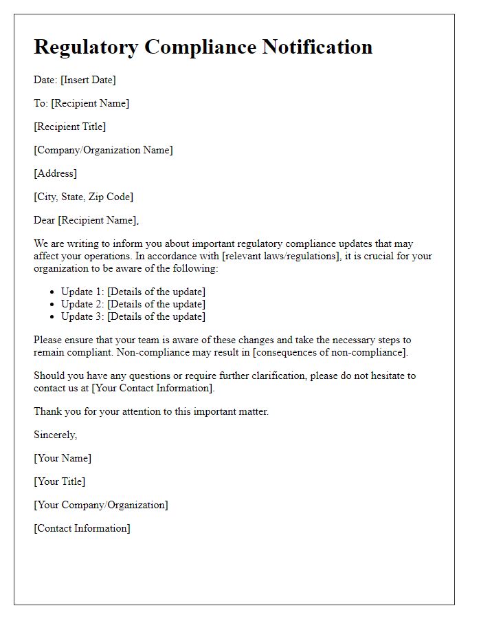 Letter template of regulatory compliance notification