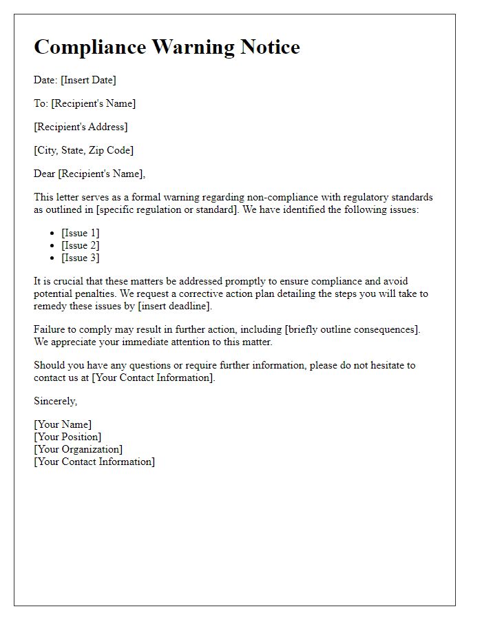 Letter template of regulatory standards compliance warning