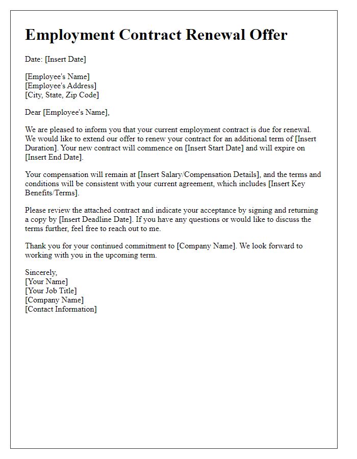 Letter template of employment contract renewal offer