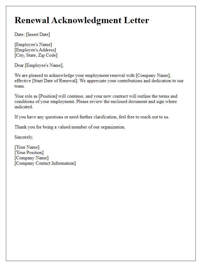 Letter template of renewal acknowledgment for employment