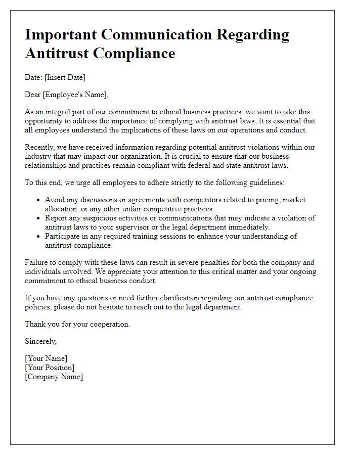 Letter template of Antitrust Violation Communication to Employees