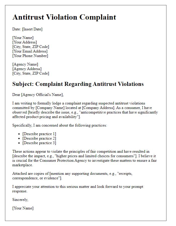 Letter template of Antitrust Violation Complaint for Consumer Protection Agency