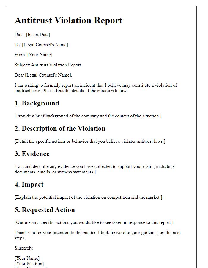 Letter template of Antitrust Violation Report for Legal Counsel