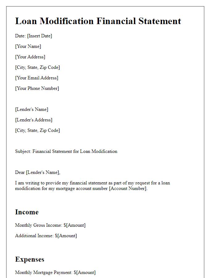 Letter template of financial statement for loan modification