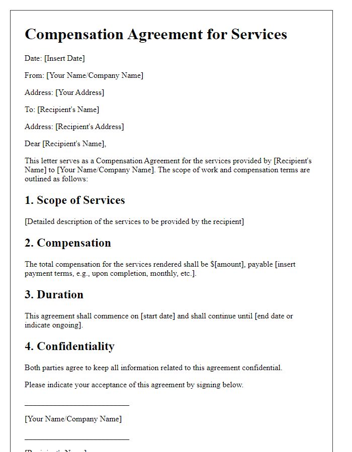 Letter template of Compensation Agreement for Services