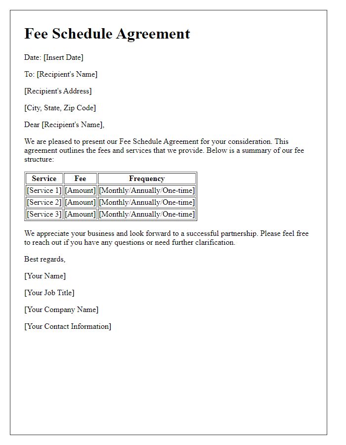 Letter template of Fee Schedule Agreement