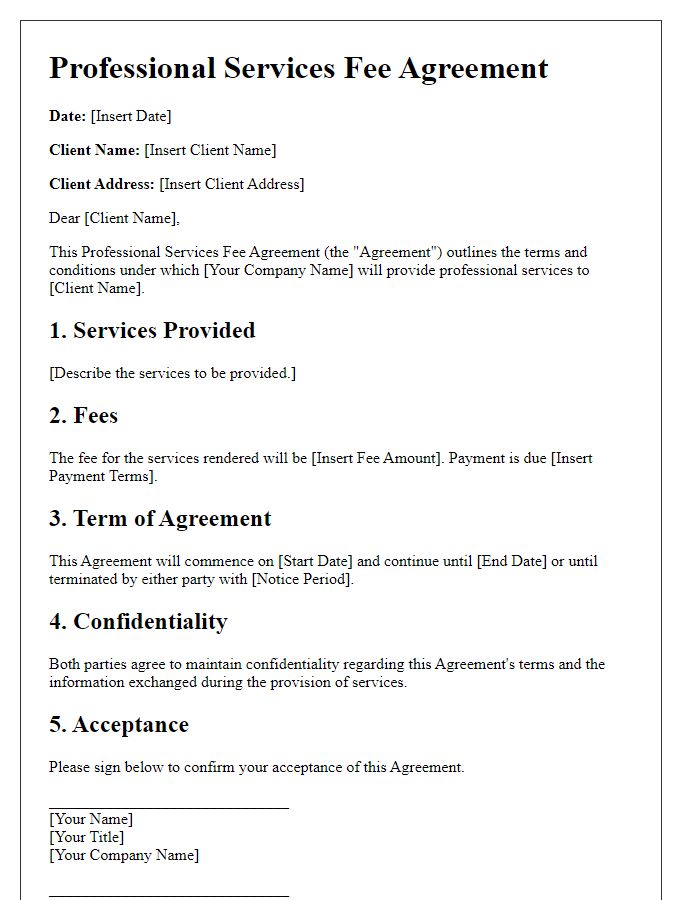 Letter template of Professional Services Fee Agreement