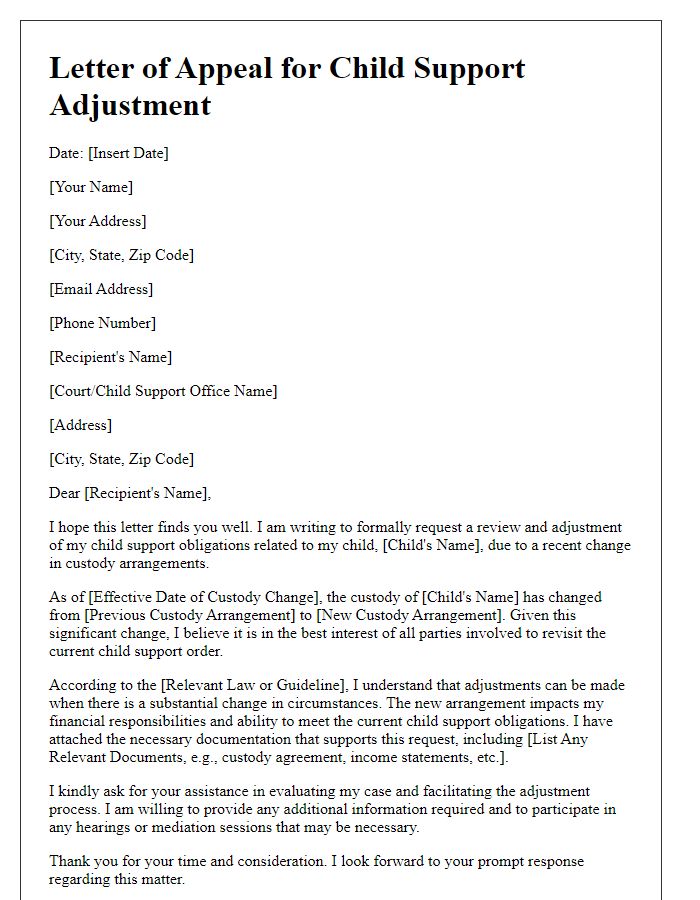 Letter template of appeal for adjusting child support obligations after custody change.