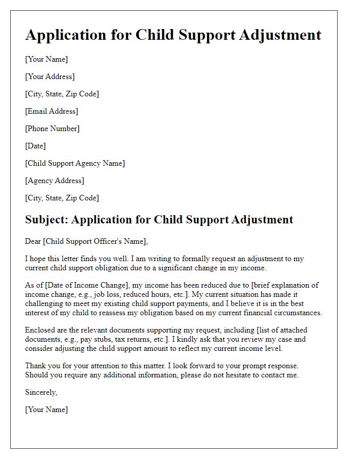 Letter template of application for child support adjustment based on income change.