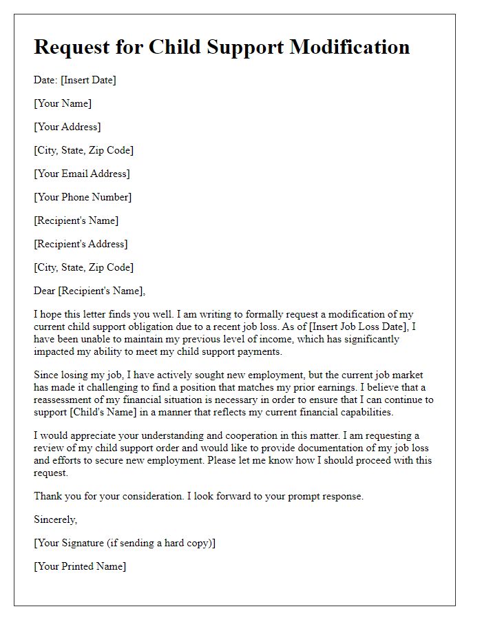 Letter template of request for child support modification due to job loss.