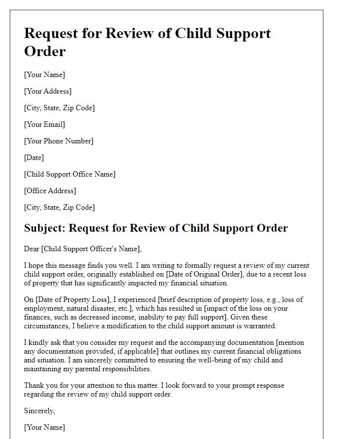 Letter template of request for review of child support order following a property loss.